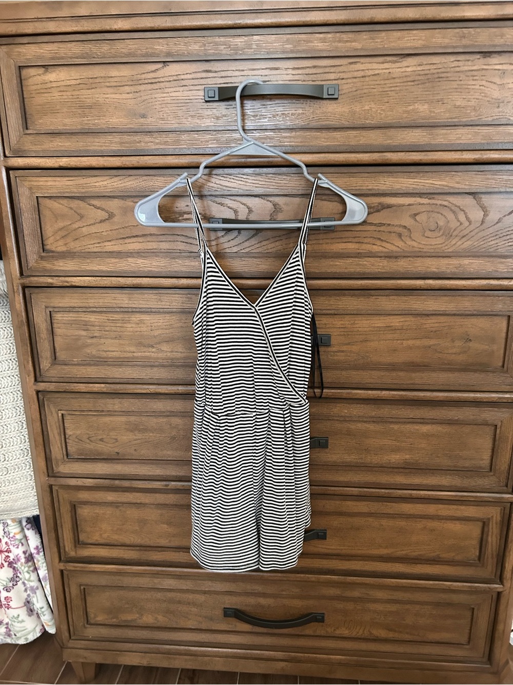 Striped Black and White Sleeveless Wrap-Front Mini Dress